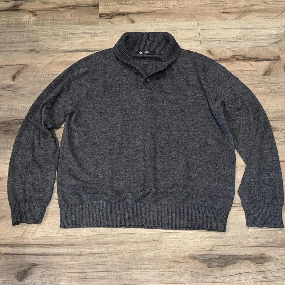 Men's J. Crew 100% Cotton Sweater Gray Button Henley Mock Neck Collar Preppy XL‎